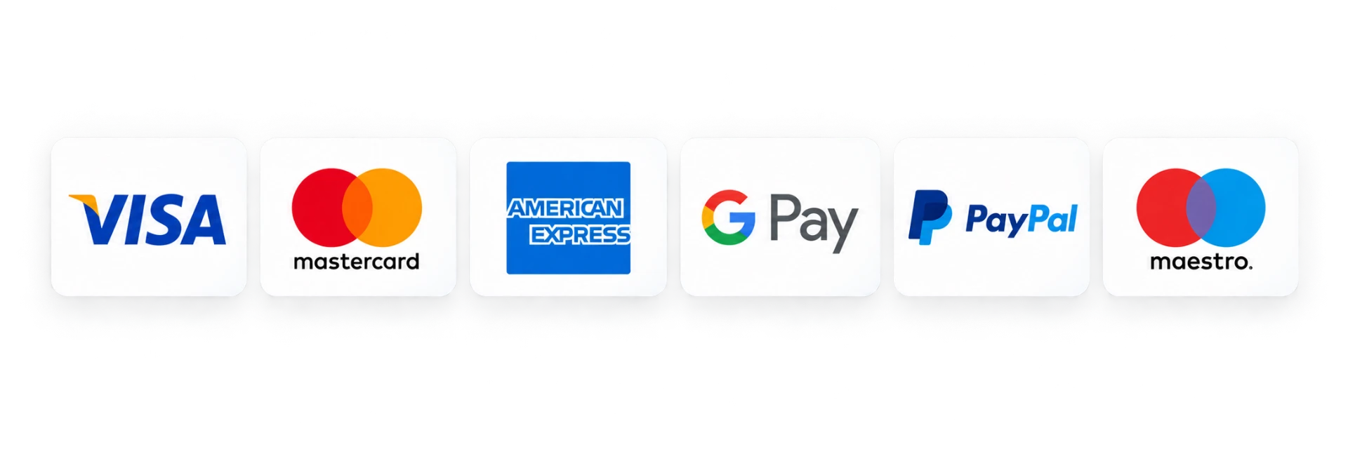 Accepted payment methods: Visa, Mastercard, American Express, Google Pay, PayPal and Maestro